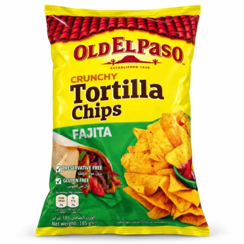 Paquet Old El Paso Crunchy Tortilla Chips goût Fajita 185 g sans gluten sur fond blanc