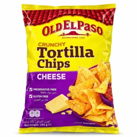 Paquet Old El Paso Crunchy Tortilla Chips Cheese 185 g sans gluten sur fond blanc