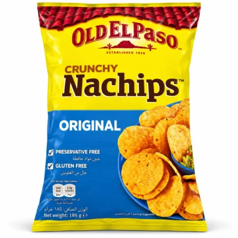 Paquet Old El Paso Crunchy Nachips Original 185 g sans gluten sur fond blanc