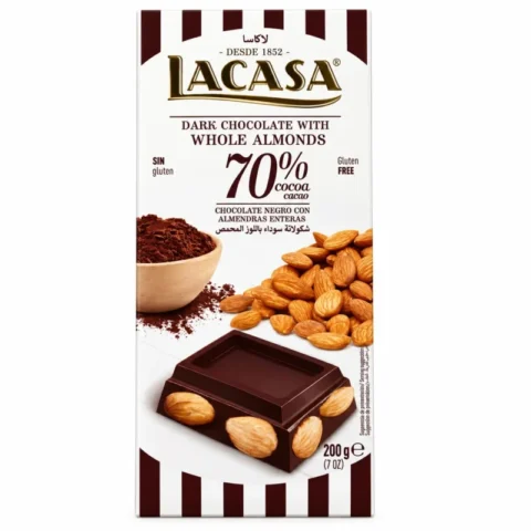 Tablette Lacasa chocolat noir 70 % cacao aux amandes entières sans gluten 200 g